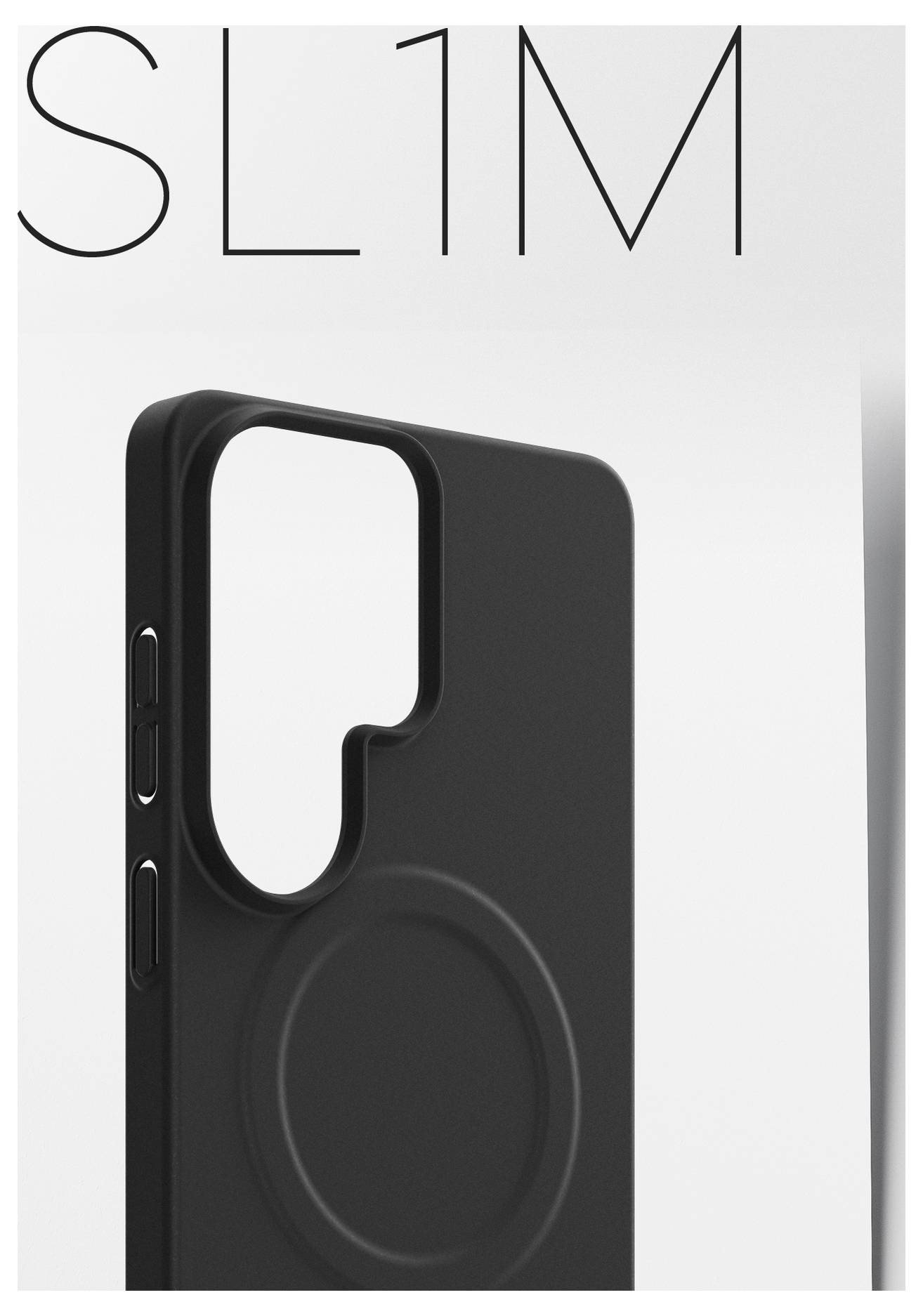 "SL1M" Handyhülle, schwarz, schlankes Design mit Kamera- und Tastaturausschnitten, das Minimalismus und Schutz betont.