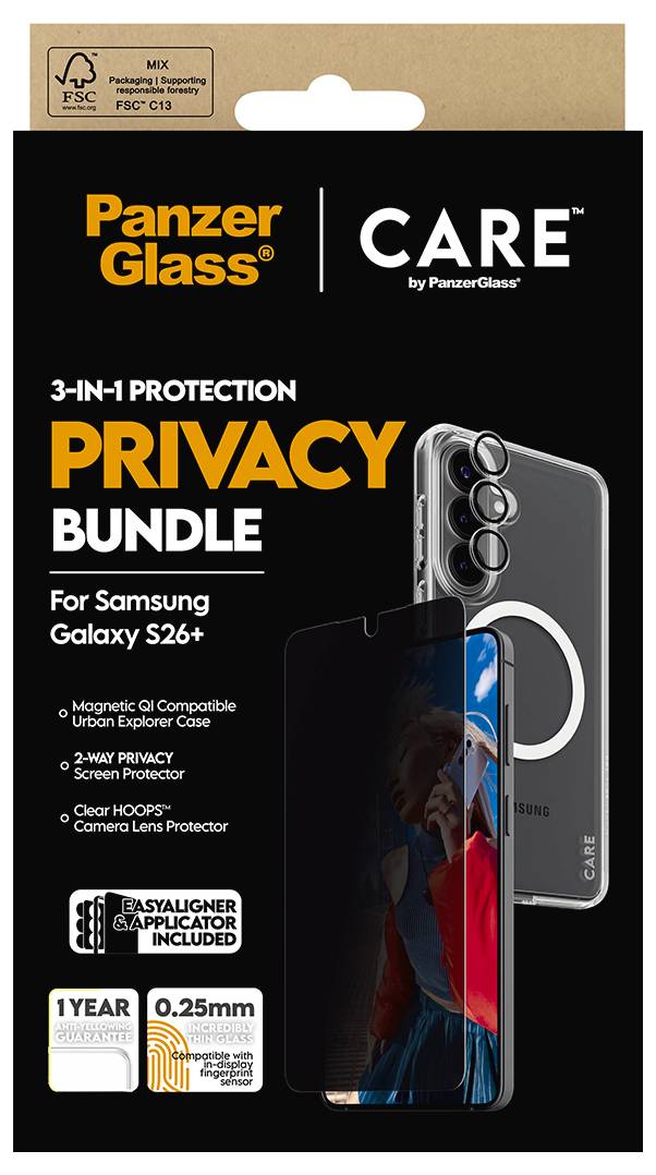 Panzer Glass 3-in-1 Schutz-Datenschutz-Bundle für Samsung Galaxy S26+. Inklusive magnetischer Qi-kompatibler Hülle, Datenschutz-Displayschutzfolie und Kameralinsen-Schutzfolie.