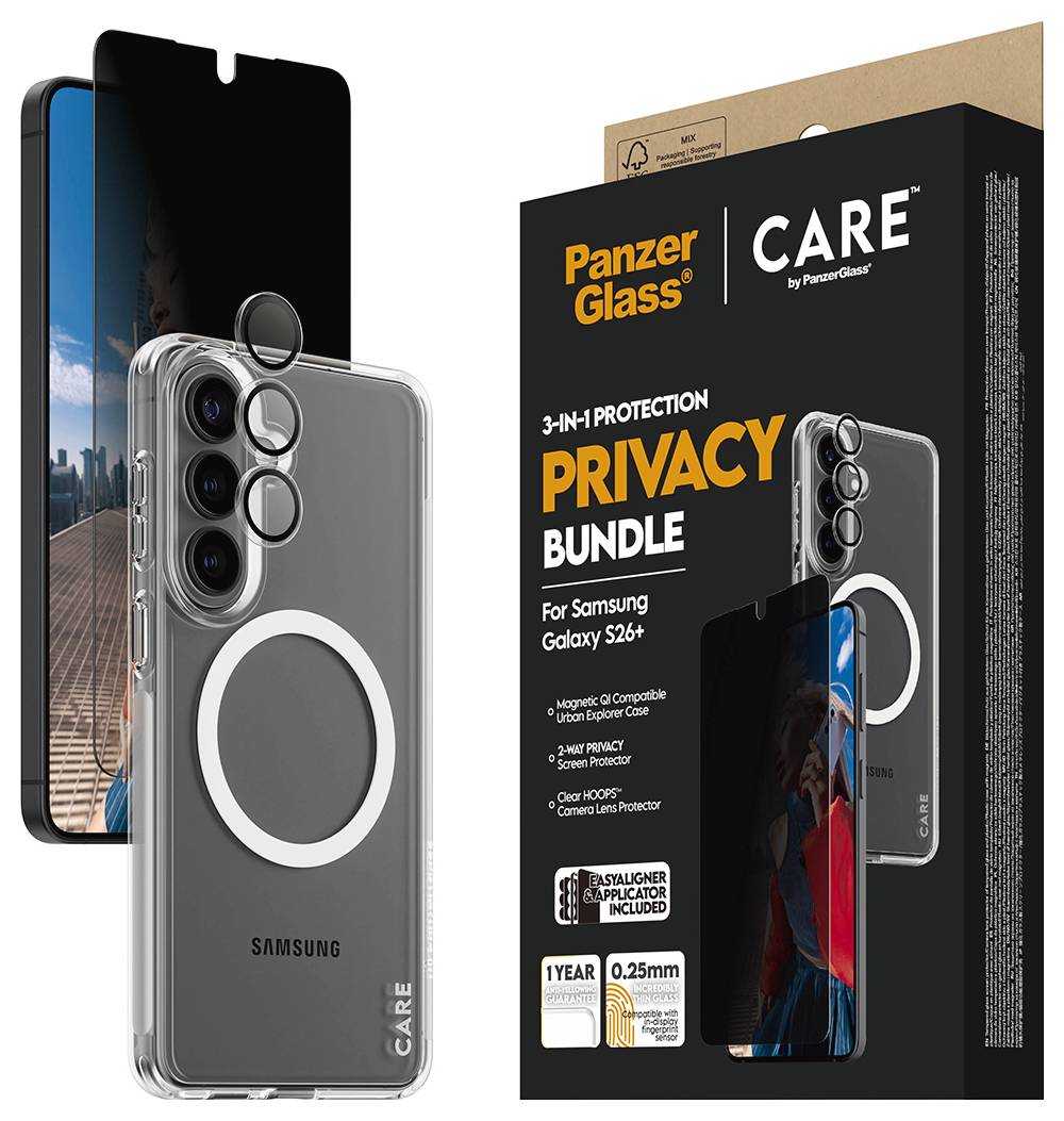 PanzerGlass 3-in-1 Schutz-Datenschutz-Bundle für Samsung Galaxy S24 mit Schutzhülle, Datenschutzfilter und Verpackungsbox.