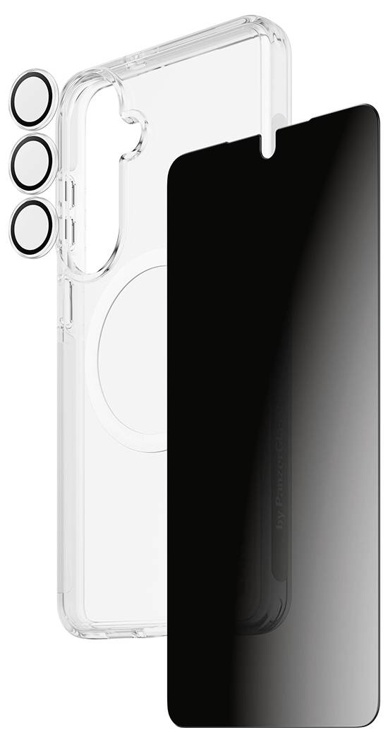 Transparente Handyhülle und schwarzer Displayschutz für iPhone mit drei im Lieferumfang enthaltenen Kameralinsenabdeckungen.