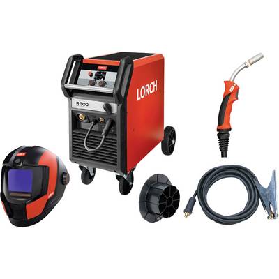 Schweißmaschine „Lorch R 300" mit rotem und schwarzem Design, begleitet von einem Schweißhelm, Schweißbrenner, Kabel und Drahtspule.