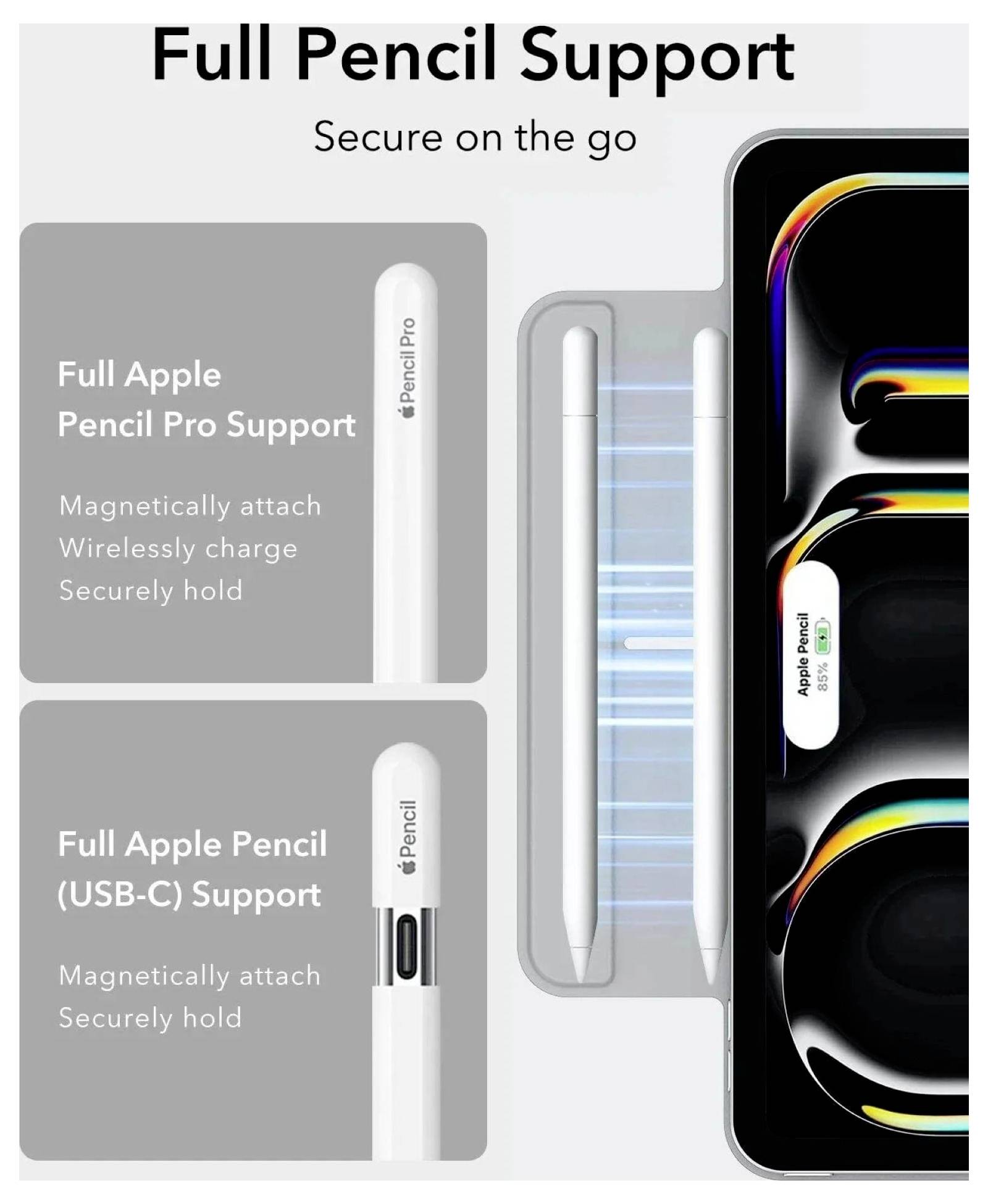 „Vollständige Pencil-Unterstützung" Bild, das Apple Pencil Pro und USB-C-Modelle zeigt, die magnetisch befestigt und kabellos auf einem Gerät aufgeladen werden.