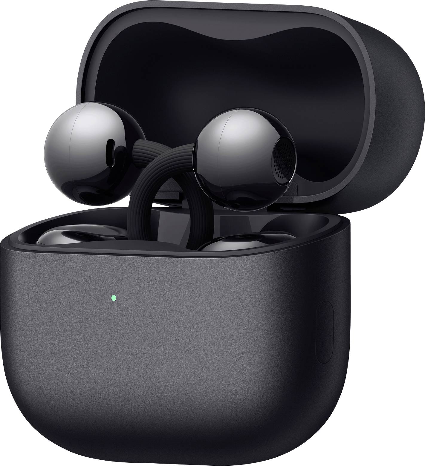 Schwarze kabellose Ohrhörer ruhen in einem offenen Ladegehäuse und zeigen ein elegantes und modernes Design.