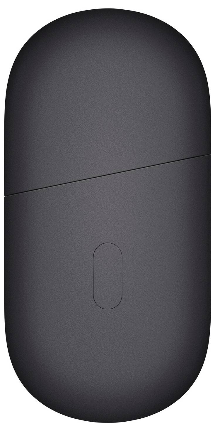 Eine schwarze, minimalistische schnurlose Computermaus mit glattem, rundem Design und einem zentral angebrachten berührungsempfindlichen Bereich.