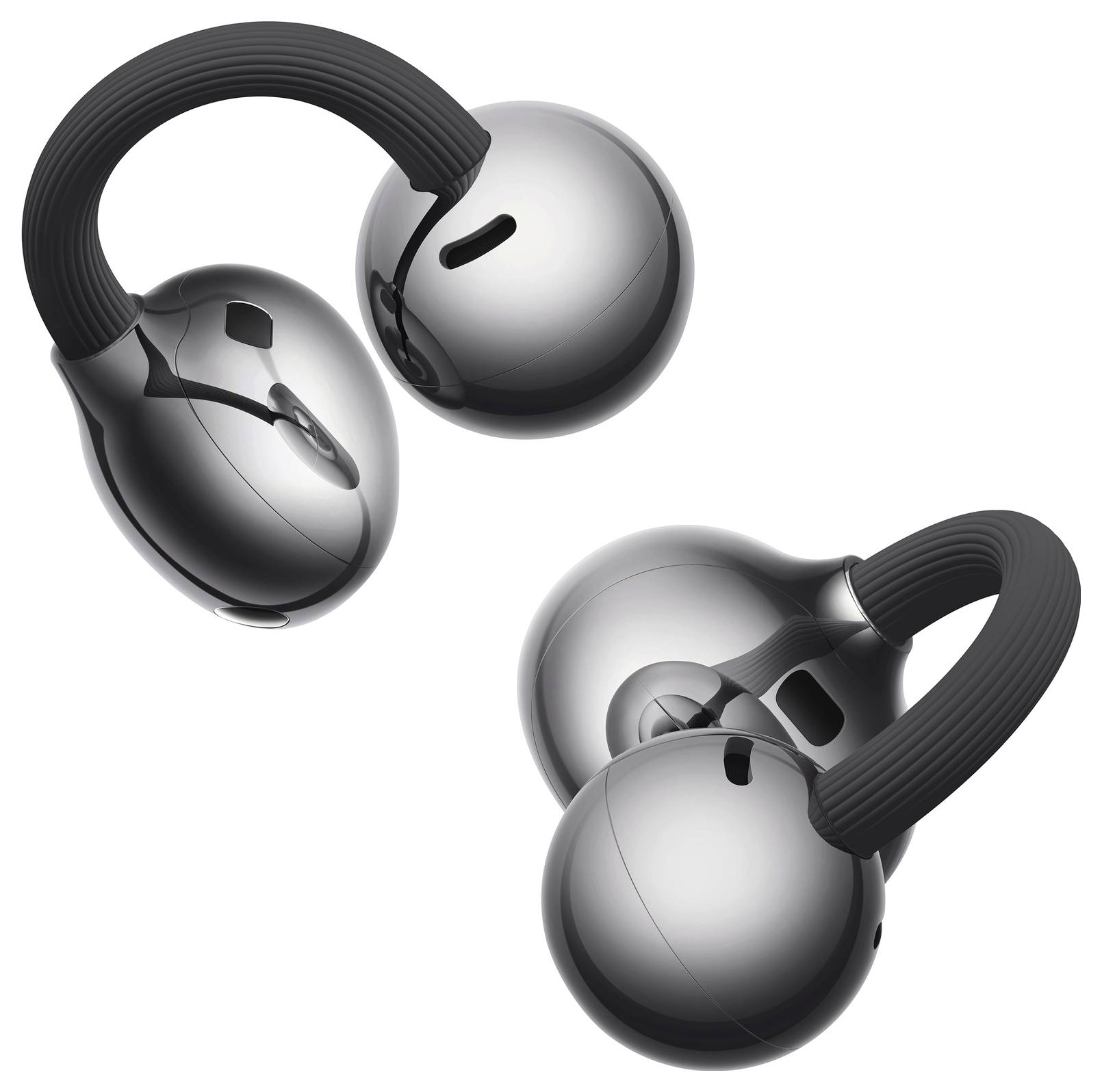 Schlanke, silberne Ohrhörer im Stöpsel-Design mit kabelloser Technologie, glatte, moderne Gestaltung mit sichtbaren Mikrofonen und schwarzen Bügeln für sicheren Halt.