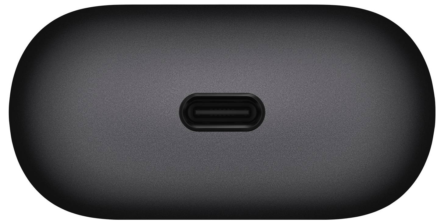 „Ein schwarzes, oval geformtes Objekt mit einem USB-C-Ladeanschluss in der Mitte vor weißem Hintergrund."