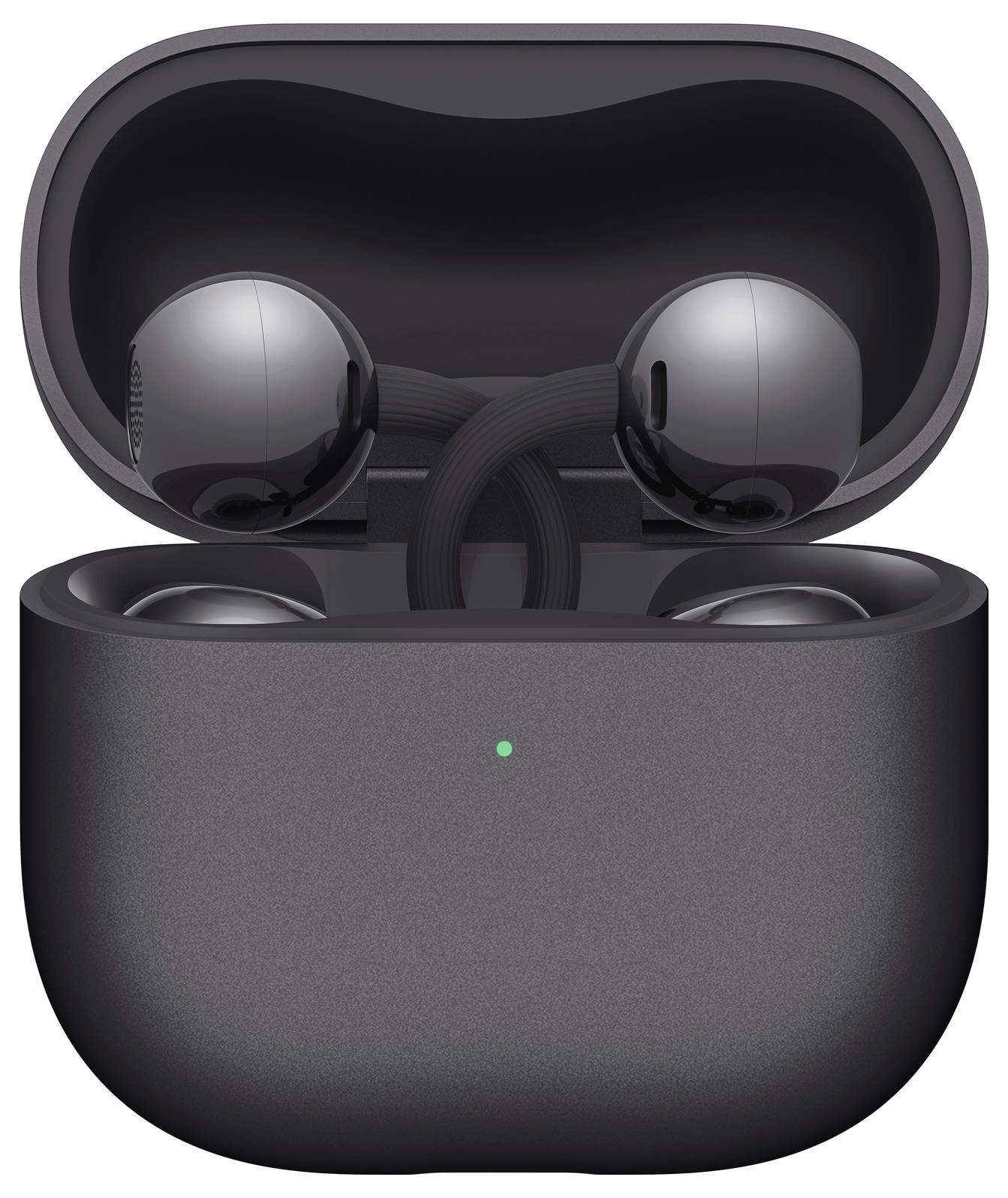 Schwarze kabellose Ohrhörer in einem offenen Ladekoffer mit einem kleinen grünen Anzeigelicht an der Vorderseite des Koffer.