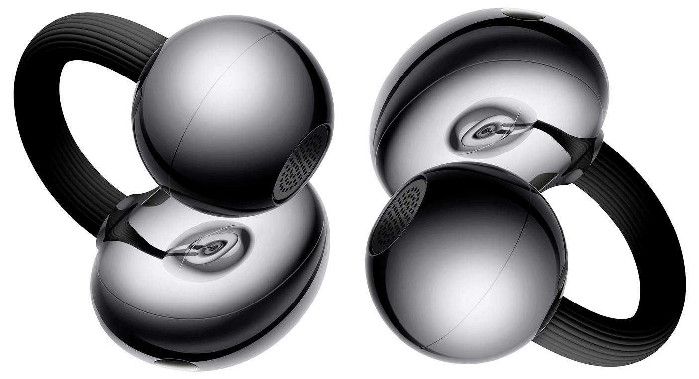 Vier glänzende, reflektierende, kugelförmige Metallobjekte mit schwarzen Griffen, paarweise zusammengefasst, mit einem abstrakten und futuristischen Design.