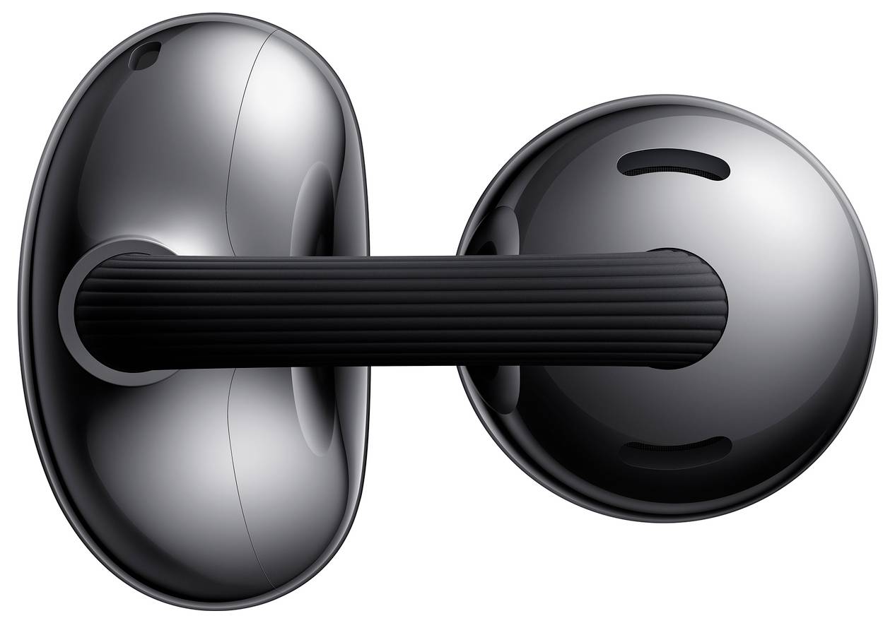 Ein schwarzer, oval geformter elektronischer Ohrhörer mit glänzender Oberfläche und gerippter Textur an der Seite, vor einem einfachen Hintergrund.