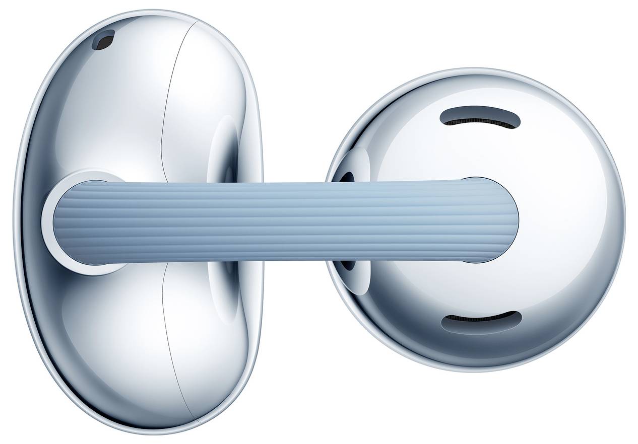 Eine Nahaufnahme eines Paares metallischer Ohrhörer, die durch ein blaues flexibles Kabel verbunden sind.