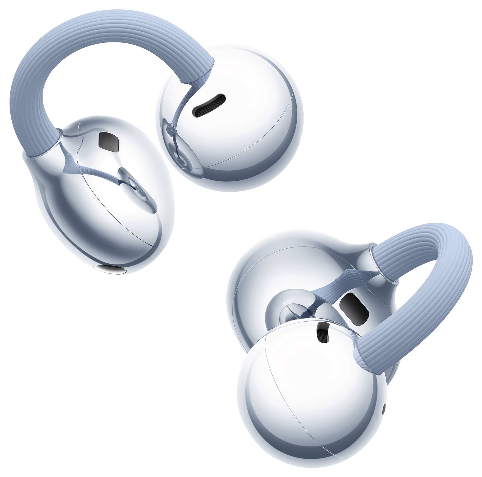 Silberne kabellose Ohrhörer mit blauen, flexiblen Ohrbügeln, konstruiert für Komfort und sicheren Halt.
