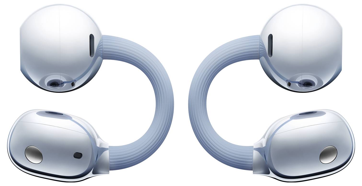 Zwei futuristische kabellose Ohrhörer mit einer Schleifenform, weißen gewölbten Oberteilen und blauen Verbindungsbögen, die wie verbundene Kugeln wirken.
