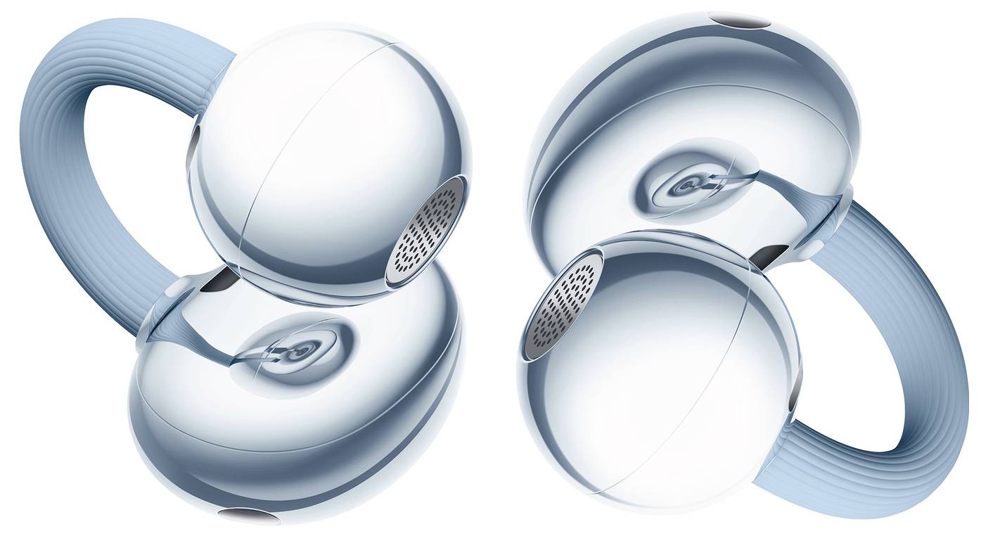 Kugelförmige silberne Kopfhörer mit blauen Bändern, in einem symmetrischen Muster gespiegelt, die ein modernes und schlankes Design zeigen.