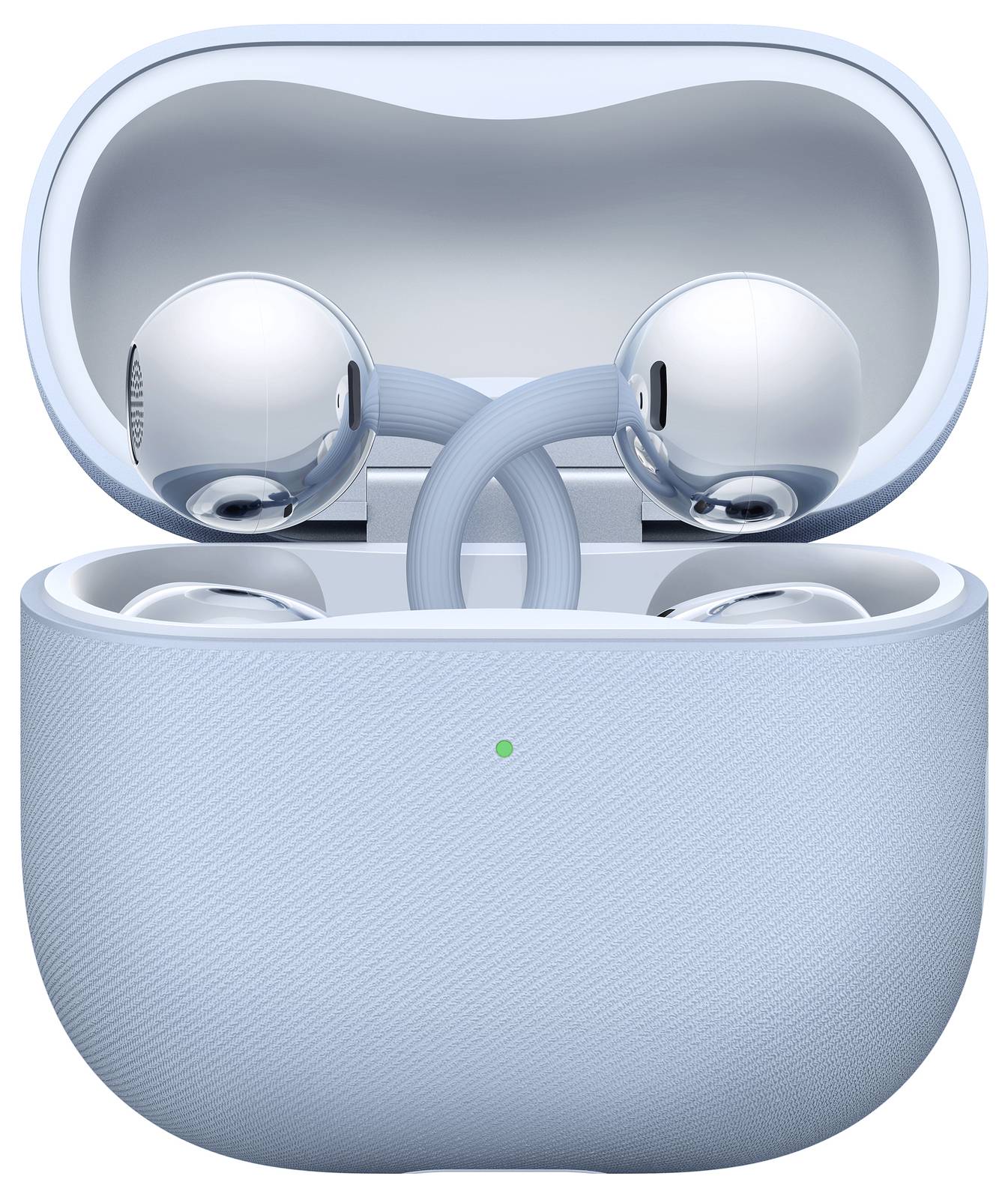 Blaue kabellose Ohrhörer in einem offenen Ladeetui, die reflektierende Oberflächen und sanfte Konturen aufweisen.