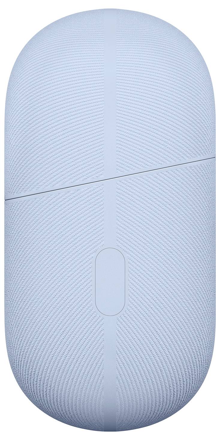 Ein hellblaues texturiertes ovales Gerät, möglicherweise ein technisches Gadget oder eine Maus, von oben betrachtet, mit einer zentralen vertikalen Naht und einer kleinen ovalen Vertiefung.