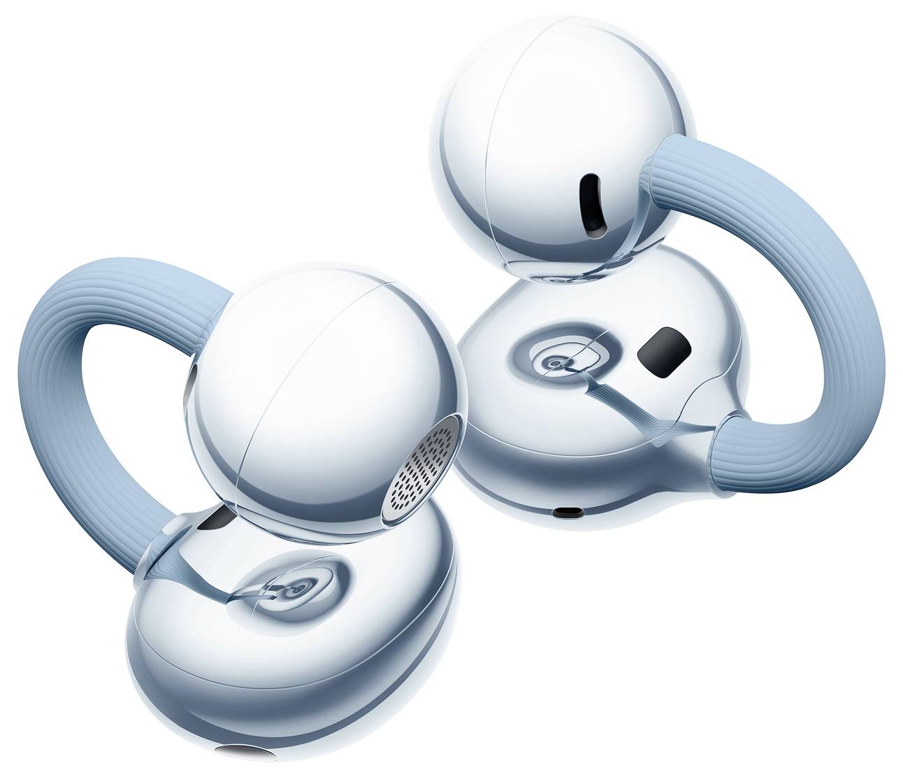 Metallische, kugelförmige kabellose Ohrhörer mit gekrümmten hellblauen Stielen.