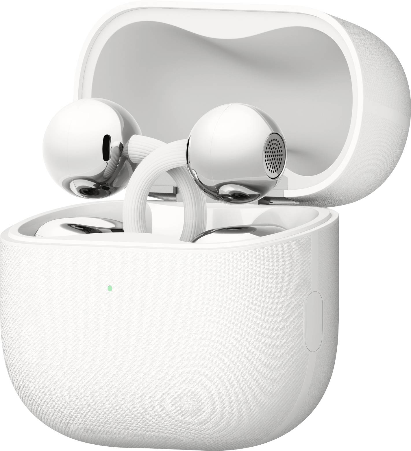 Weiße kabellose Ohrhörer in einer offenen Ladeschale.