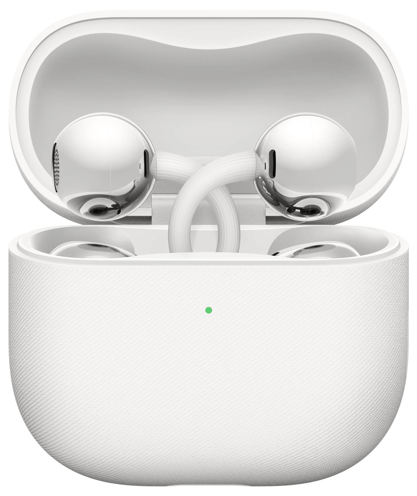 Offene weiße kabellose Kopfhörerhülle, in der zwei Kopfhörer zu sehen sind.