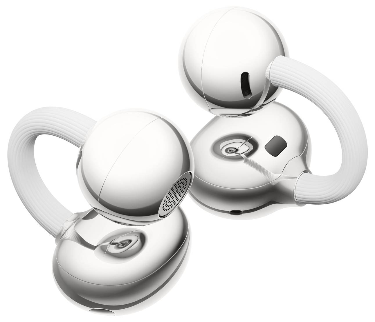 Zwei metallische, ohrstöpselförmige Geräte, die durch ein flexibles Band verbunden sind, mit einem eleganten, modernen Design und minimalen Tasten und Anschlüssen.