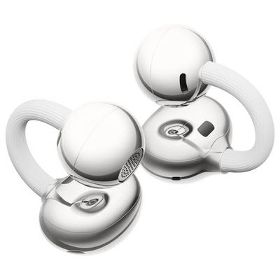 Zwei metallische, ohrstöpselförmige Geräte, die durch ein flexibles Band verbunden sind, mit einem eleganten, modernen Design und minimalen Tasten und Anschlüssen.