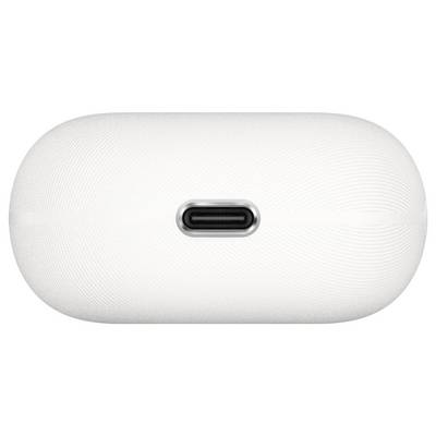 Das Bild zeigt den USB-C-Ladeanschluss auf der Unterseite eines weißen Apple-AirPods-Pro-Gehäuses.
