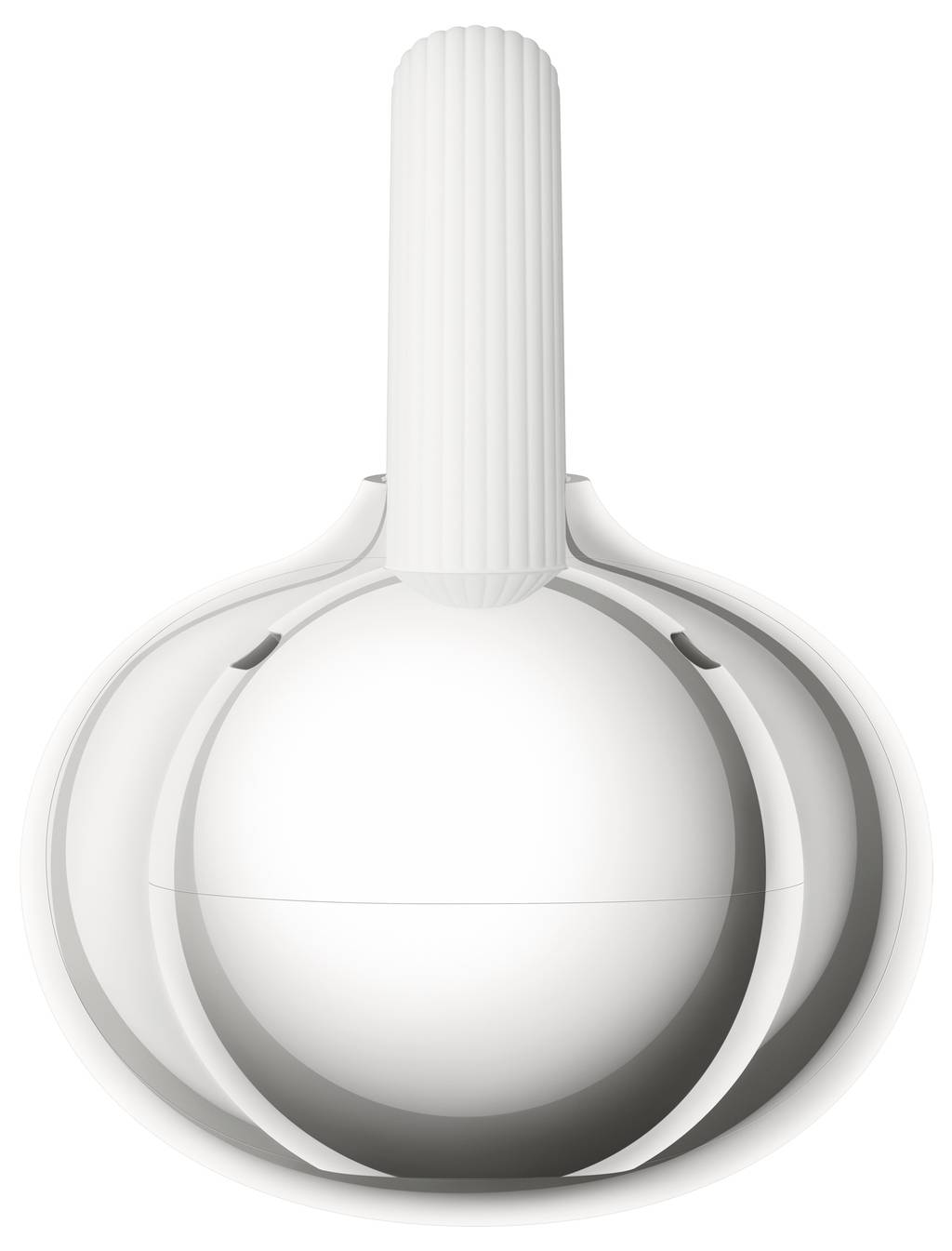 Ein weißes, futuristisch aussehendes, kuppelförmiges Objekt mit einem gerippten zylindrischen Griff oben.