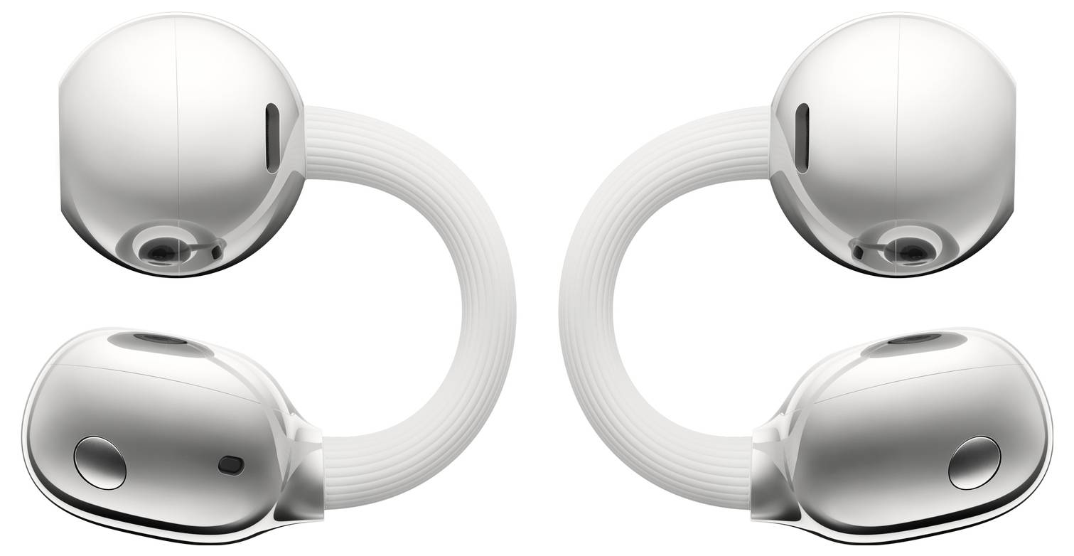 Futuristische silberne und weiße Ohrstöpsel mit einem einzigartigen kreisförmigen Design, das kugelförmige Magnetkomponenten aufweist, die durch geschwungene Stiele verbunden sind.