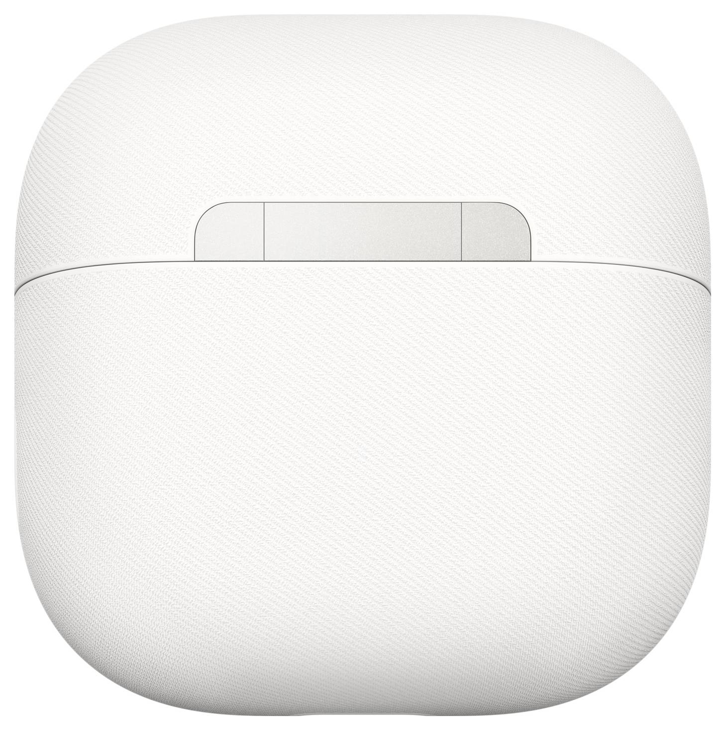 Weiße kabellose Ohrhörer mit Ladeetui mit strukturierter Oberfläche und sichtbarem Scharnier oben.