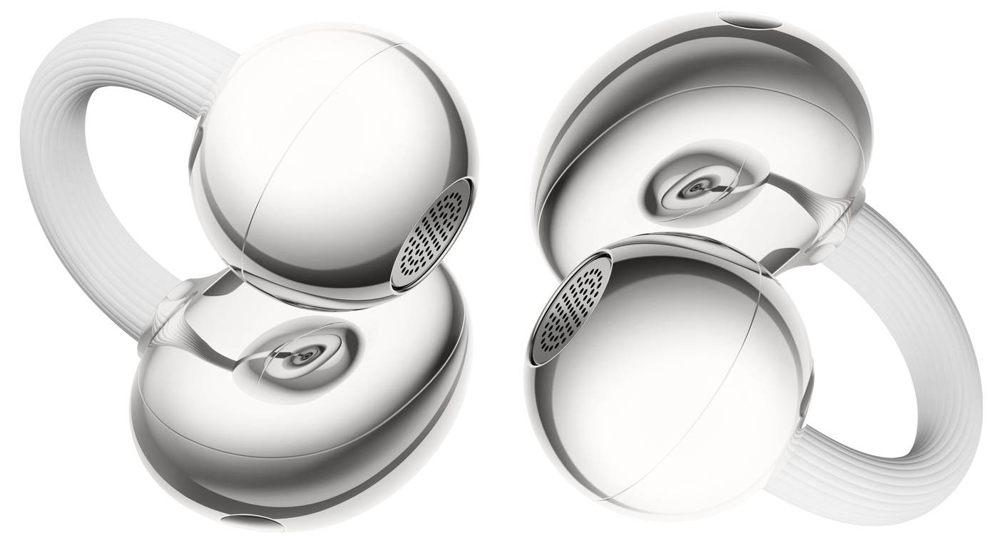 Ein Paar moderner, metallischer kabelloser Ohrstöpsel mit einem schlanken, abgerundeten Design und strukturierten Ohrstöpseln, die Licht auf ihrer glänzenden Oberfläche reflektieren.