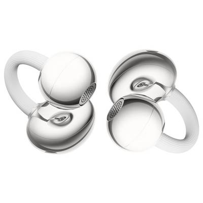 Ein Paar moderner, metallischer kabelloser Ohrstöpsel mit einem schlanken, abgerundeten Design und strukturierten Ohrstöpseln, die Licht auf ihrer glänzenden Oberfläche reflektieren.