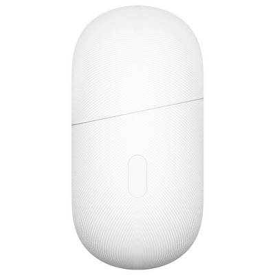 Eine weiße, oval geformte kabellose Maus mit eleganter Gestaltung, mit einer zentralen Taste und strukturierter Oberfläche.