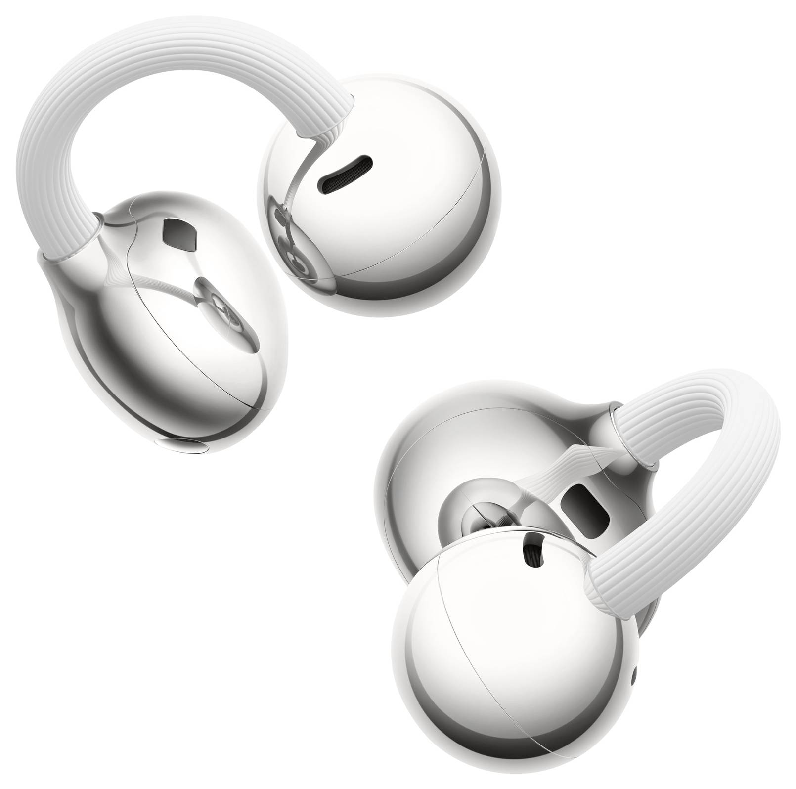 Zwei silberne, runde kabellose Ohrhörer mit weißen, gebogenen Ohrenbügeln auf weißem Hintergrund.