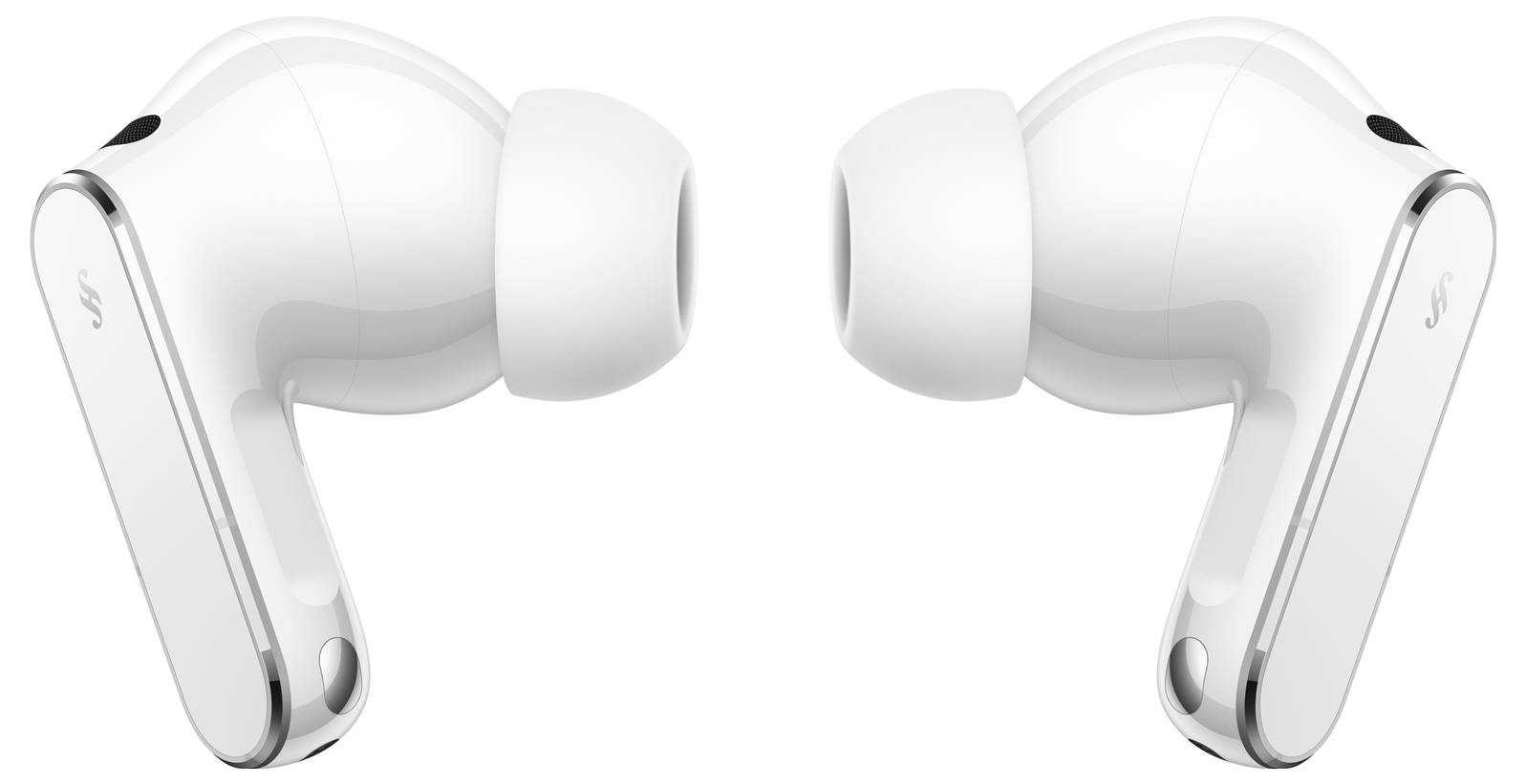 Zwei weiße kabellose Ohrhörer stehen sich auf einem schlichten Hintergrund gegenüber und heben ihr elegantes Design und ihre ergonomische Form hervor.