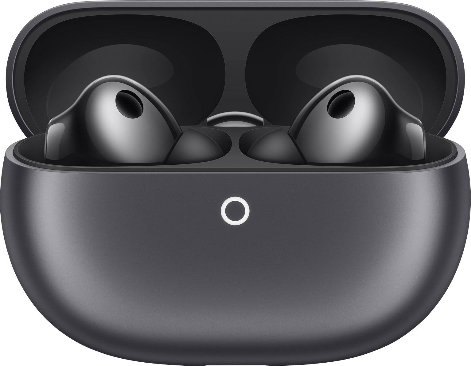Schwarze kabellose Ohrhörer in einer offenen Ladeschale mit einem kreisförmigen Anzeigeindikatoren auf der Vorderseite, das ein elegantes und kompaktes Design zeigt.