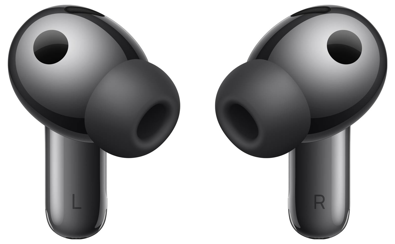 Zwei kabellose Ohrhörer mit den Bezeichnungen „L" und „R", mit einem schlanken schwarzen Design und Silikon-Ohraufsätzen, positioniert mit Blickrichtung nach vorne vor einem neutralen Hintergrund.