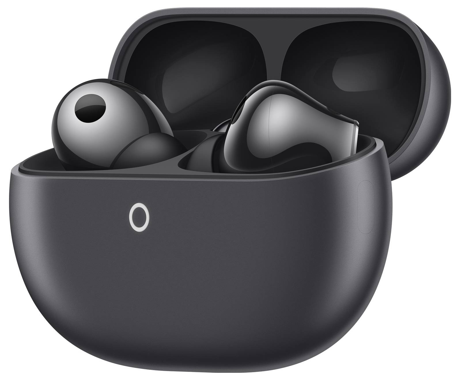 Schwarze kabellose Ohrhörer in einer offenen Ladestation.