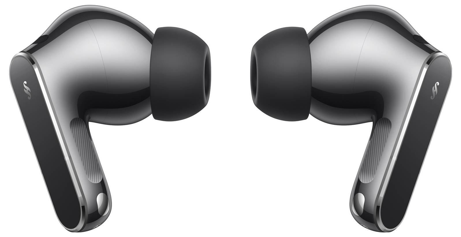 Zwei elegante, schwarze kabellose Ohrstöpsel, die sich gegenseitig zuwenden, präsentieren modernes Design und sanfte Kurven.