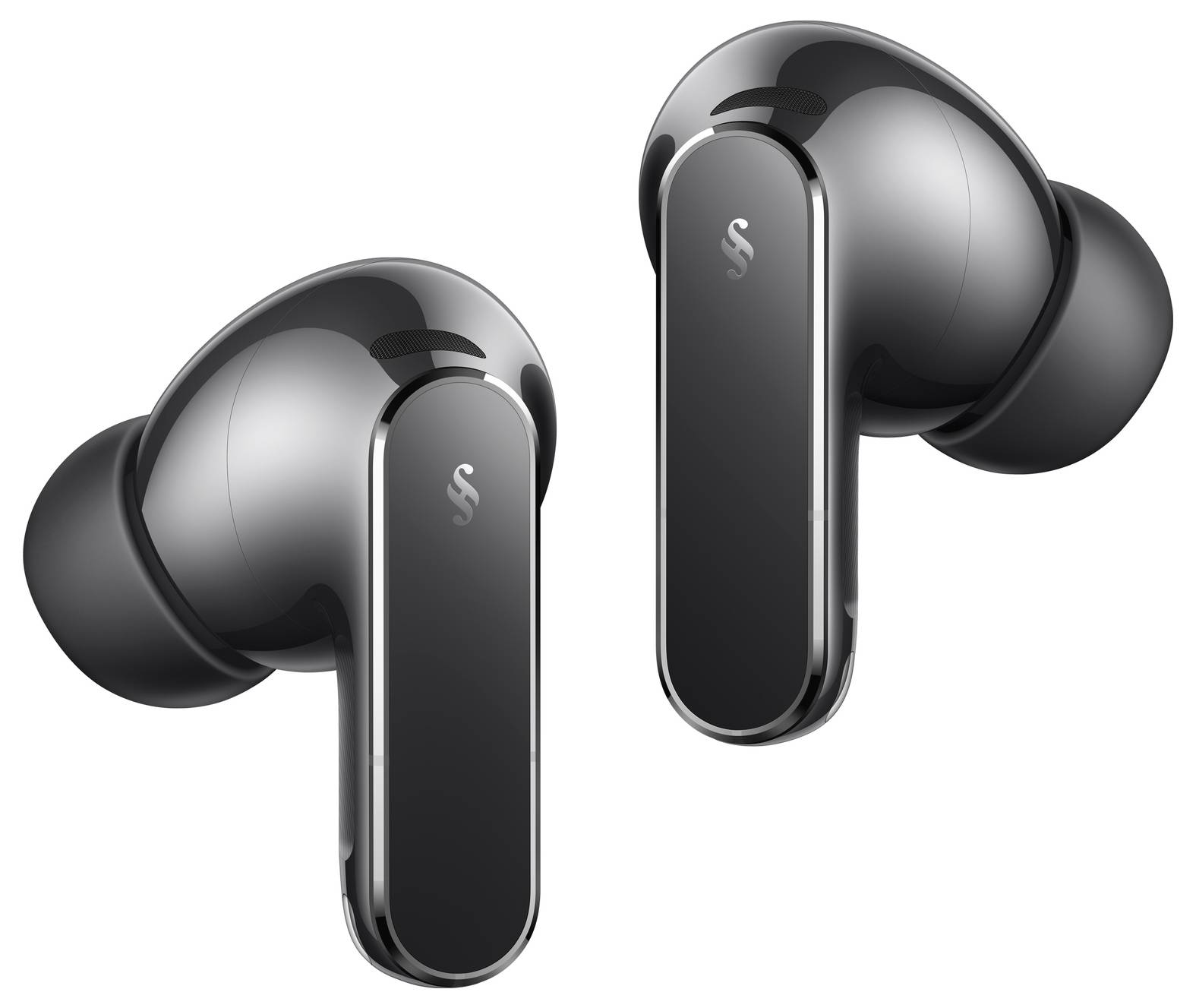 Schwarze kabellose Ohrhörer mit schlankem Design, mit modernem Metallicfinish und ergonomischer Form für einen komfortablen Sitz.