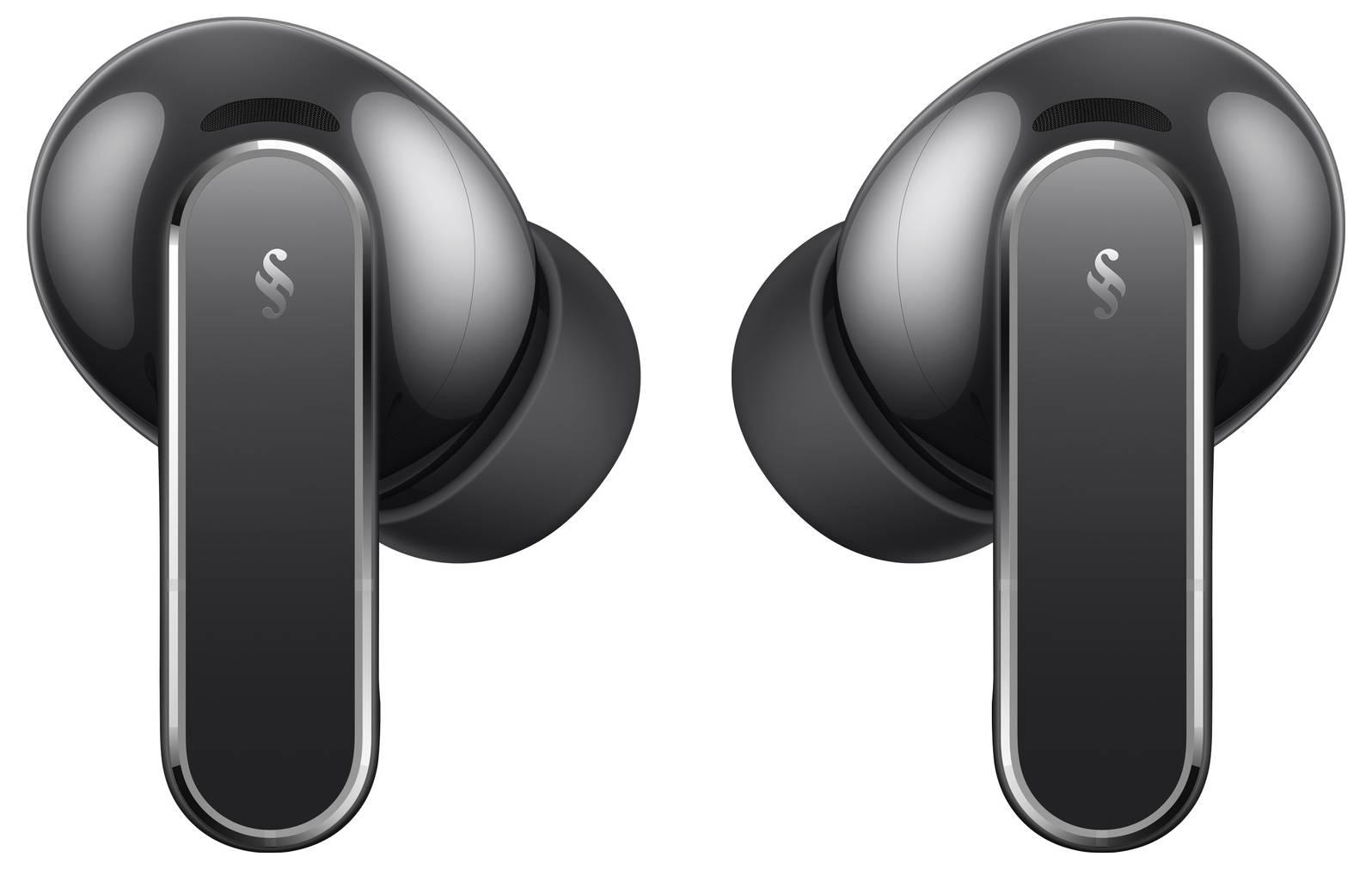 'Schwarze kabellose Ohrhörer mit glänzender Oberfläche, jeder mit einem vertikalen Touch-Kontrollstreifen, fotografiert aus frontaler Ansicht.'