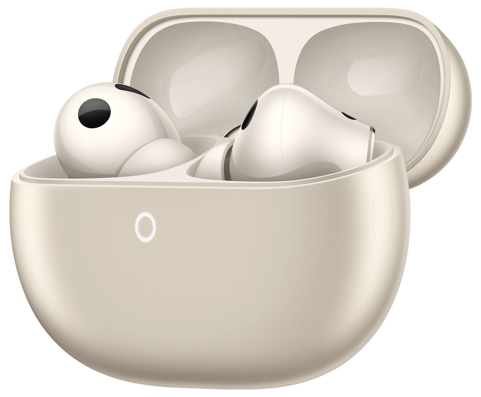 Ein Paar kabellose Ohrhörer in einem offenen beigen Ladeetui, das das Design der Ohrhörer und ihre Passung im Etui zeigt.