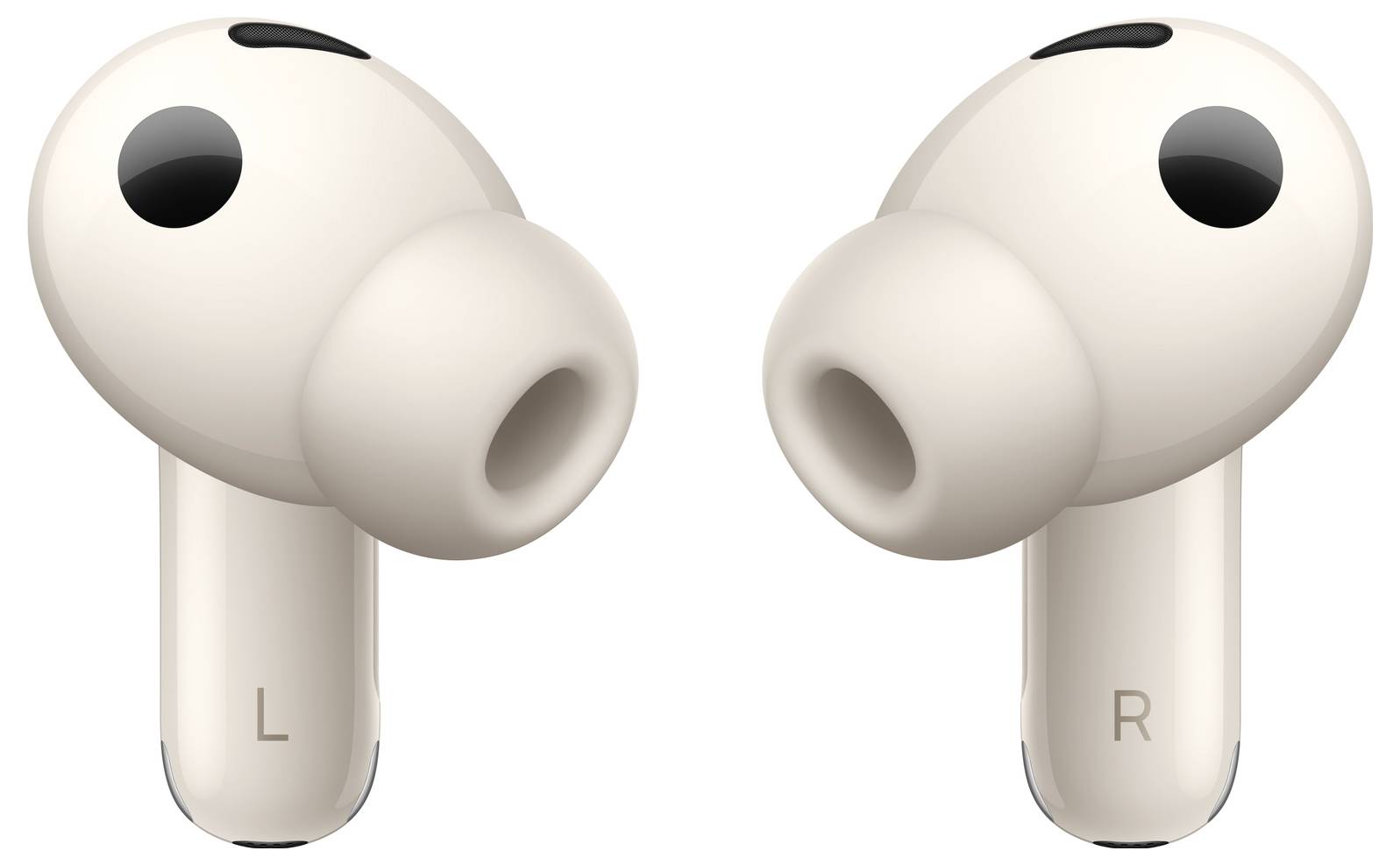Zwei kabellose Ohrhörer mit den Bezeichnungen „L" für links und „R" für rechts, von der Seite dargestellt, zeigen ihr Design und ihre Passform.