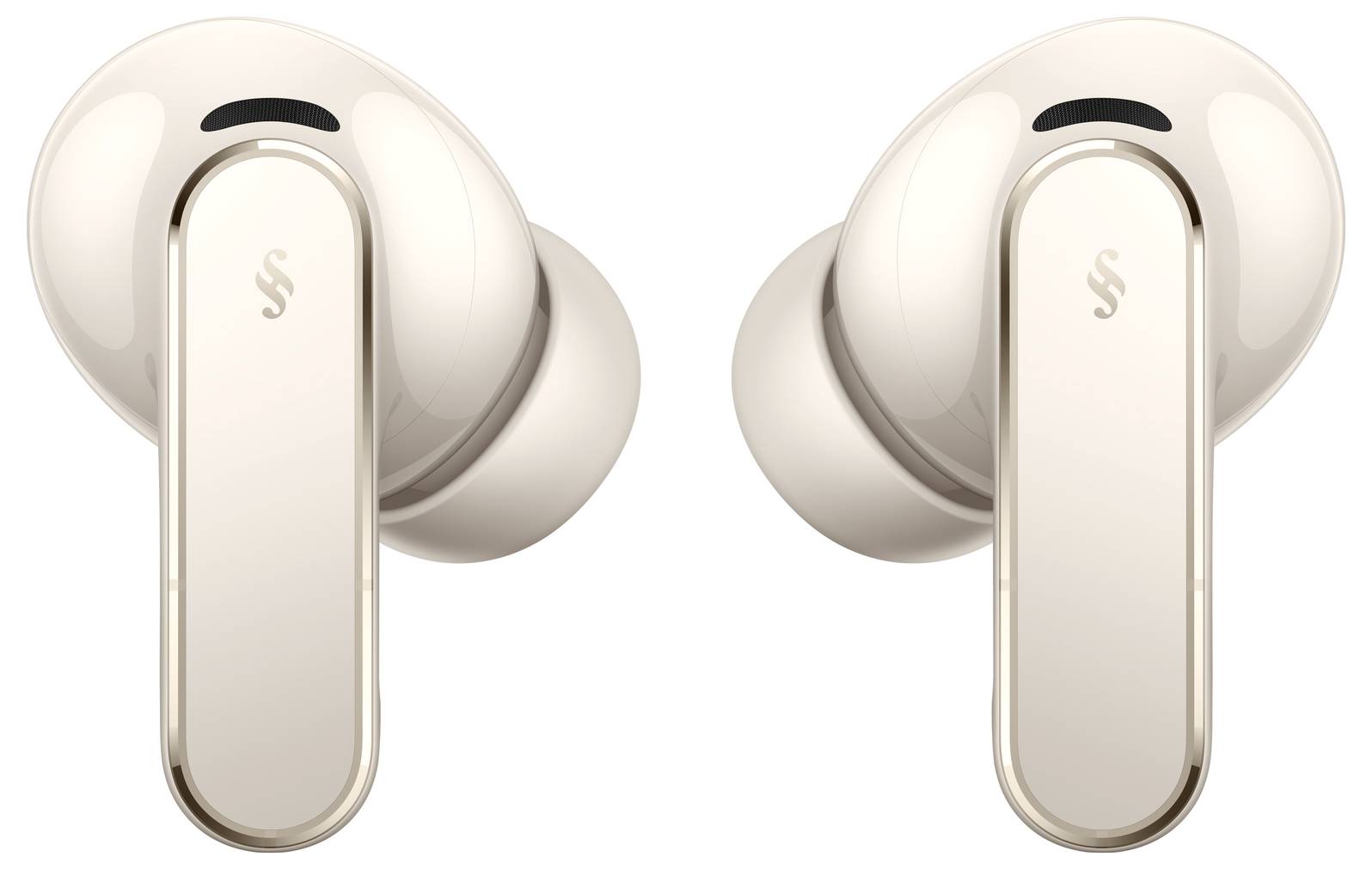 Zwei elfenbeinfarbene Ohrhörer mit metallischen Akzenten, die schlanke, längliche Touchpaneels mit einem kleinen, stilisierten "S"-Logo aufweisen.