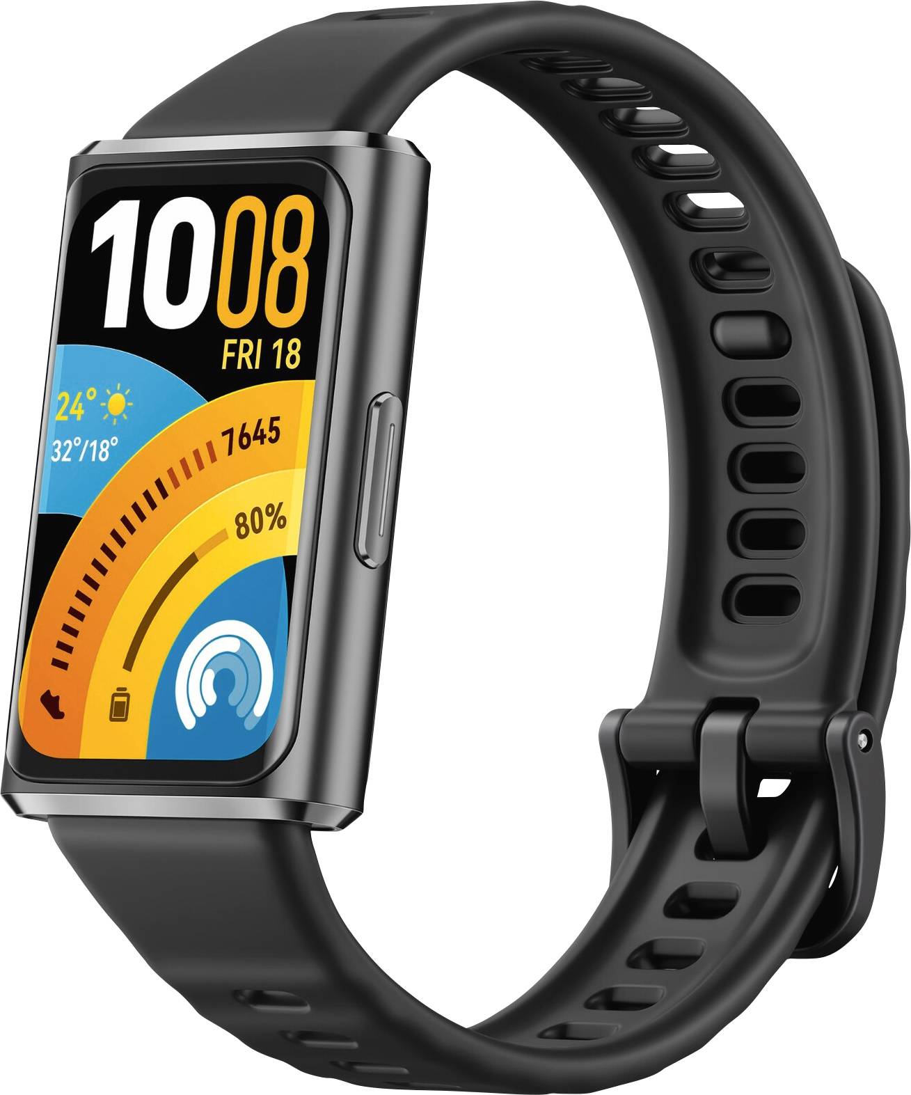 Ein schwarzes Fitness-Armband mit einem farbigen Display, das die Uhrzeit, das Datum, das Wetter, die Schrittanzahl, die Herzfrequenz und den Batteriestand anzeigt.