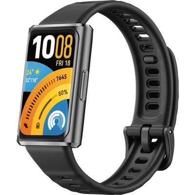 Ein schwarzes Fitness-Armband mit einem farbigen Display, das die Uhrzeit, das Datum, das Wetter, die Schrittanzahl, die Herzfrequenz und den Batteriestand anzeigt.