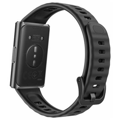 Eine schwarze Smartwatch mit Gummiarmband, die Rückseite und Herzfrequenzsensoren zeigend. Die Uhr hat ein schlankes, modernes Design.