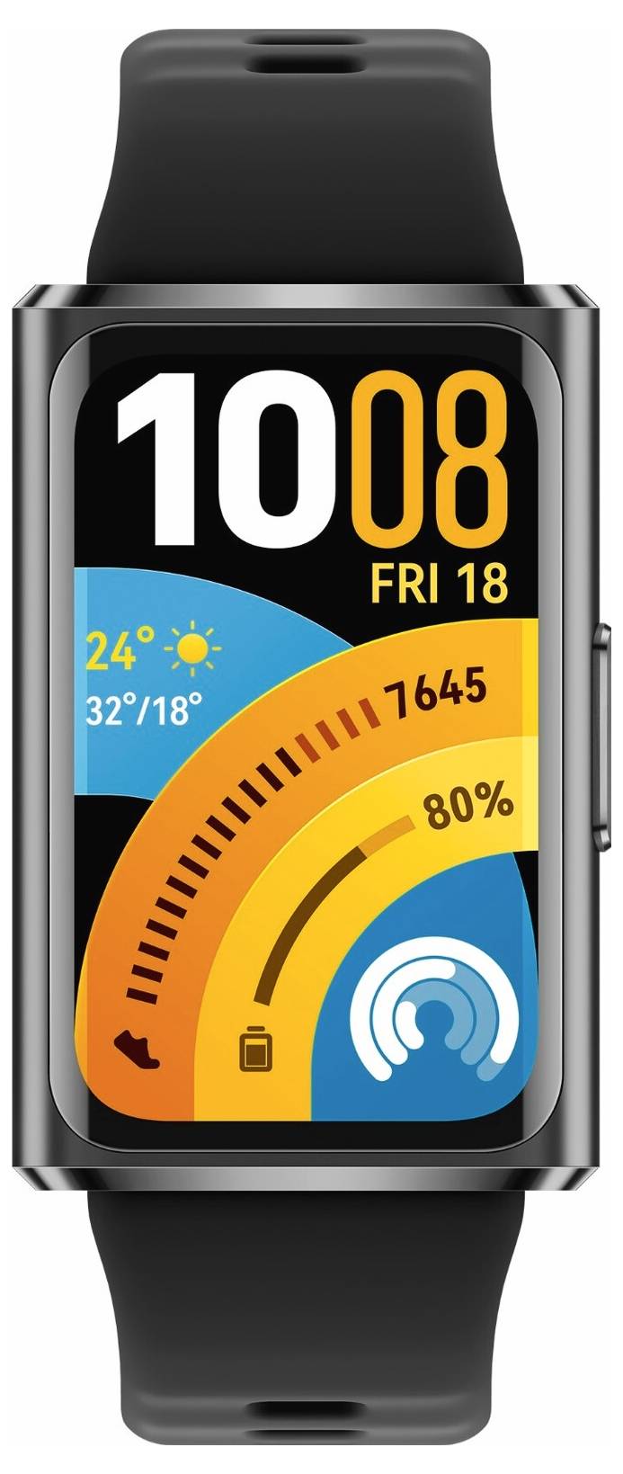 Eine Smartwatch-Anzeige mit Datum „Fr 18", Uhrzeit „10:08", Wetter „24°C, sonnig", Schritte „17465", Akku „80 %" und einem Symbol zur Gesundheitsüberwachung.