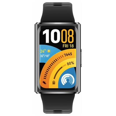 Eine Smartwatch-Anzeige mit Datum „Fr 18", Uhrzeit „10:08", Wetter „24°C, sonnig", Schritte „17465", Akku „80 %" und einem Symbol zur Gesundheitsüberwachung.