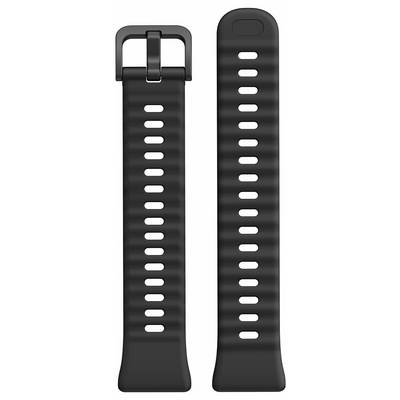 Ein schwarzes Uhrenarmband mit einer Schließe und mehreren Löchern für verstellbare Größeneinstellung.