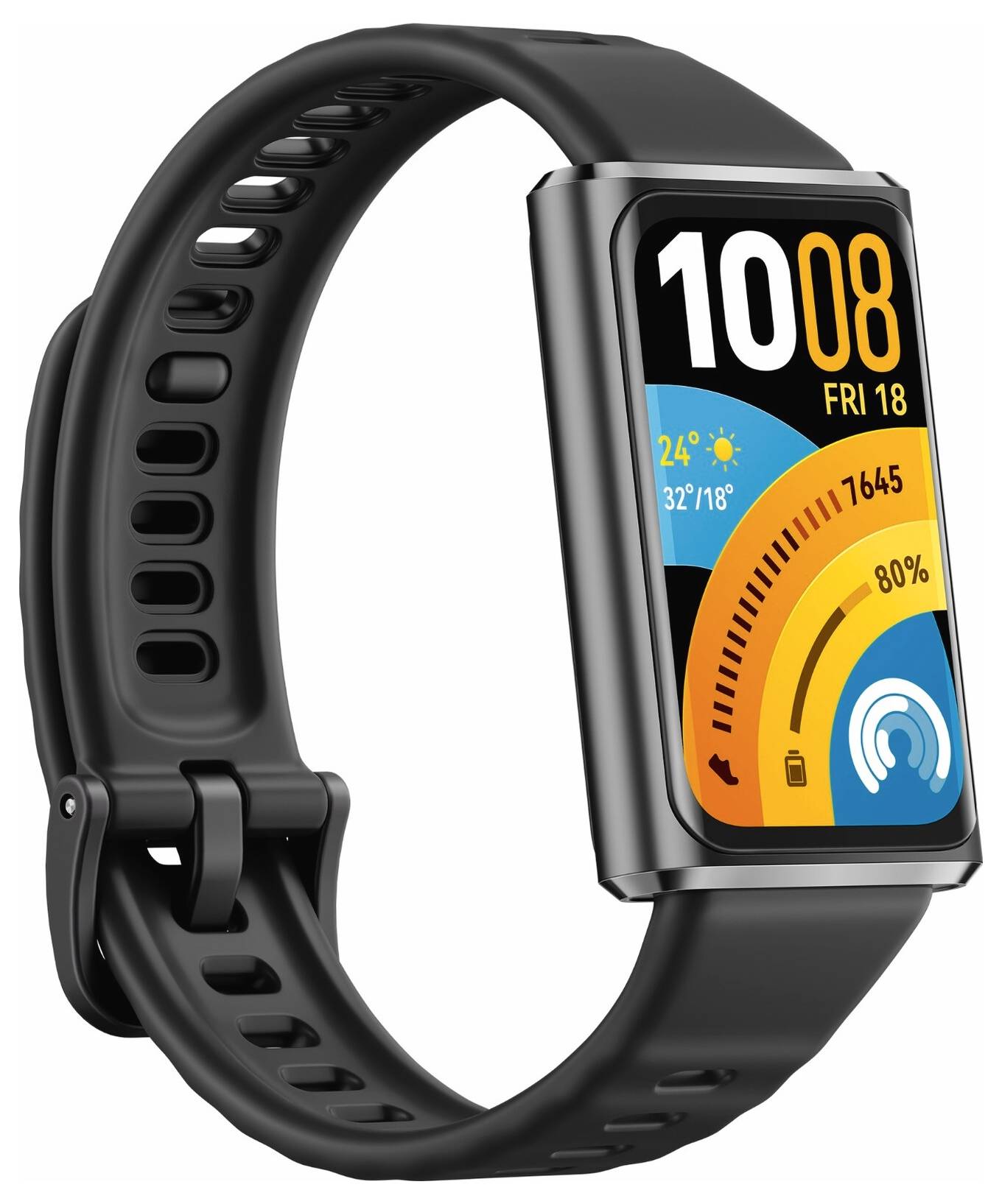 Eine schwarze Smartwatch zeigt die Zeit "10:08" mit Wetterinformationen, Akkustand und Fitnessdaten auf seinem digitalen Display an.