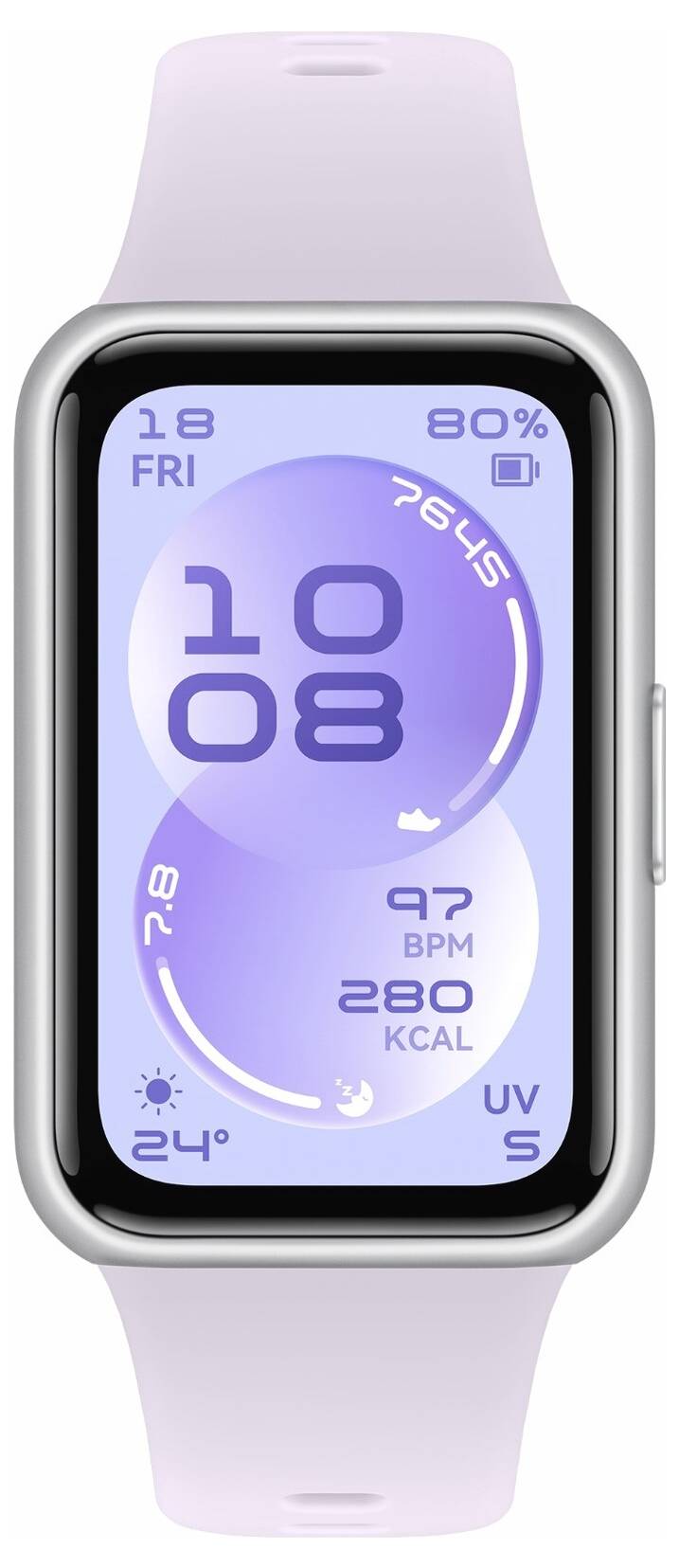 Ein Smartwatch-Display zeigt die Zeit „10:08", das Datum „Fr 18", das Wetter „24°C", den Akkustand „80%", die Herzfrequenz „97 BPM" und die Kalorien „280 KCAL".